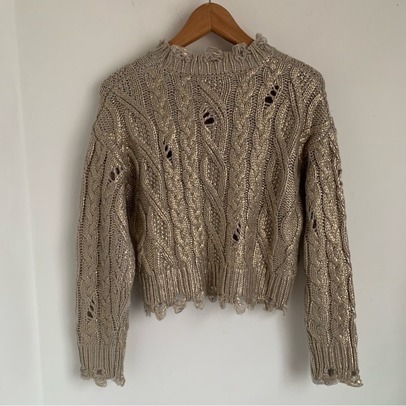 Zara Distressed Metallic Gold Cable Knit Sweater - Picture 7 of 11